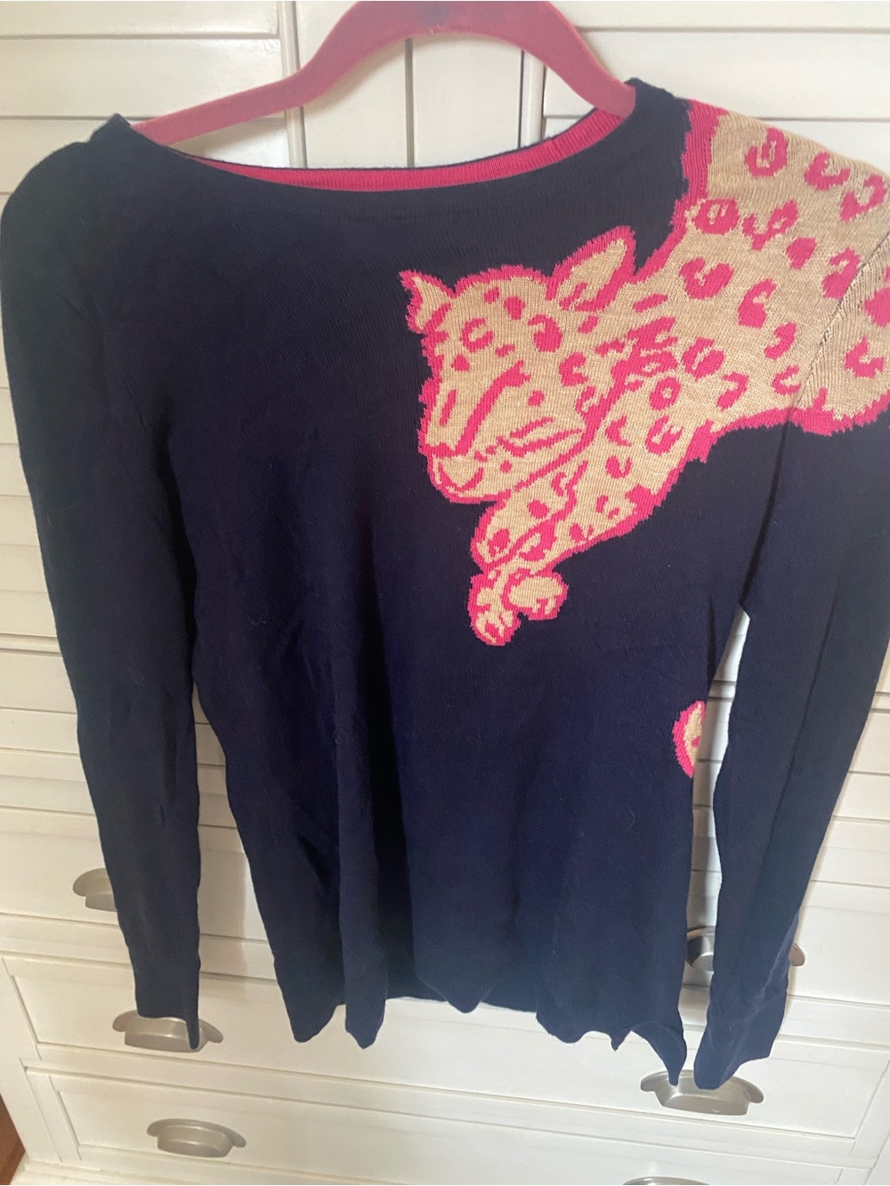 Lilly Pulitzer Navy Sweater with Pink and Cream Leopard Motif
